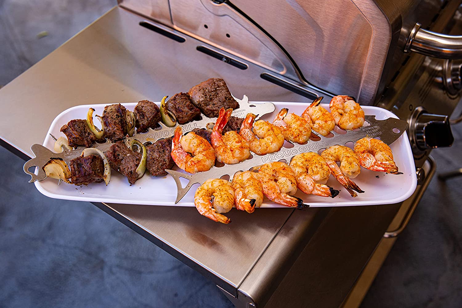 Proud Grill Slide and Serve BBQ Skewers Placed on a Platter