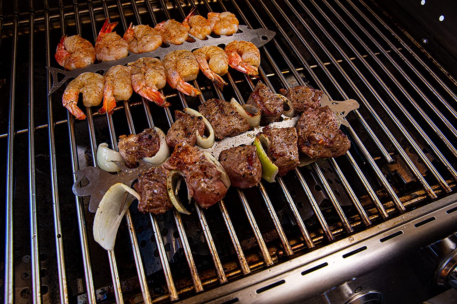 Proud Grill Slide and Serve BBQ Skewers Placed on a Grill