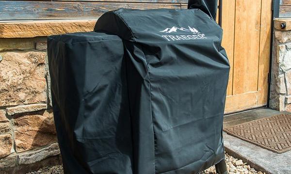 Traeger Junior Elite 20 and Tailgater Grill Cover Full Length Lifestyle Covering the Grill Outside