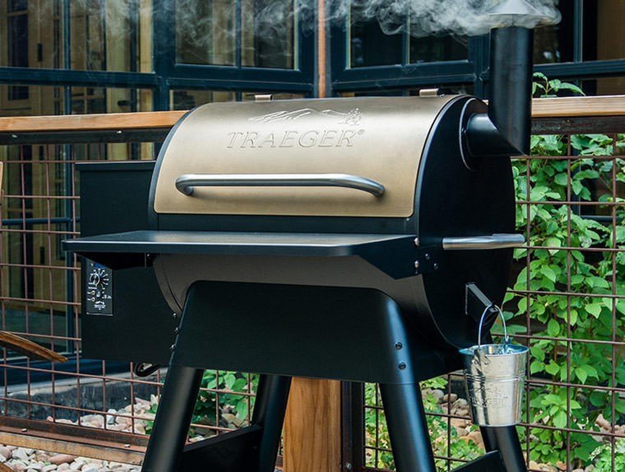 Traeger Pro Series 22 Bronze  Pellet Grill Closed Smoking Outside