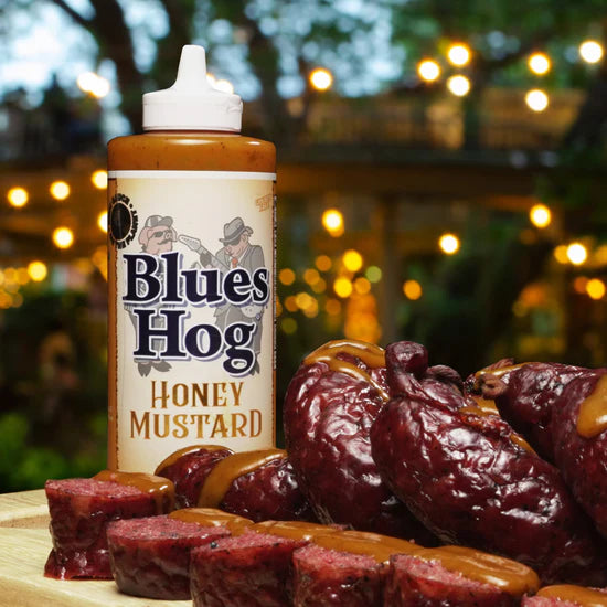 Blues Hog Honey Mustard Sauce Backyard with Steaks and Sausages