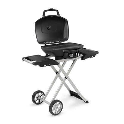 Napoleon TravelQ Pro 285 with Scissor Cart Black Gas Grill Side View with Opened Lid