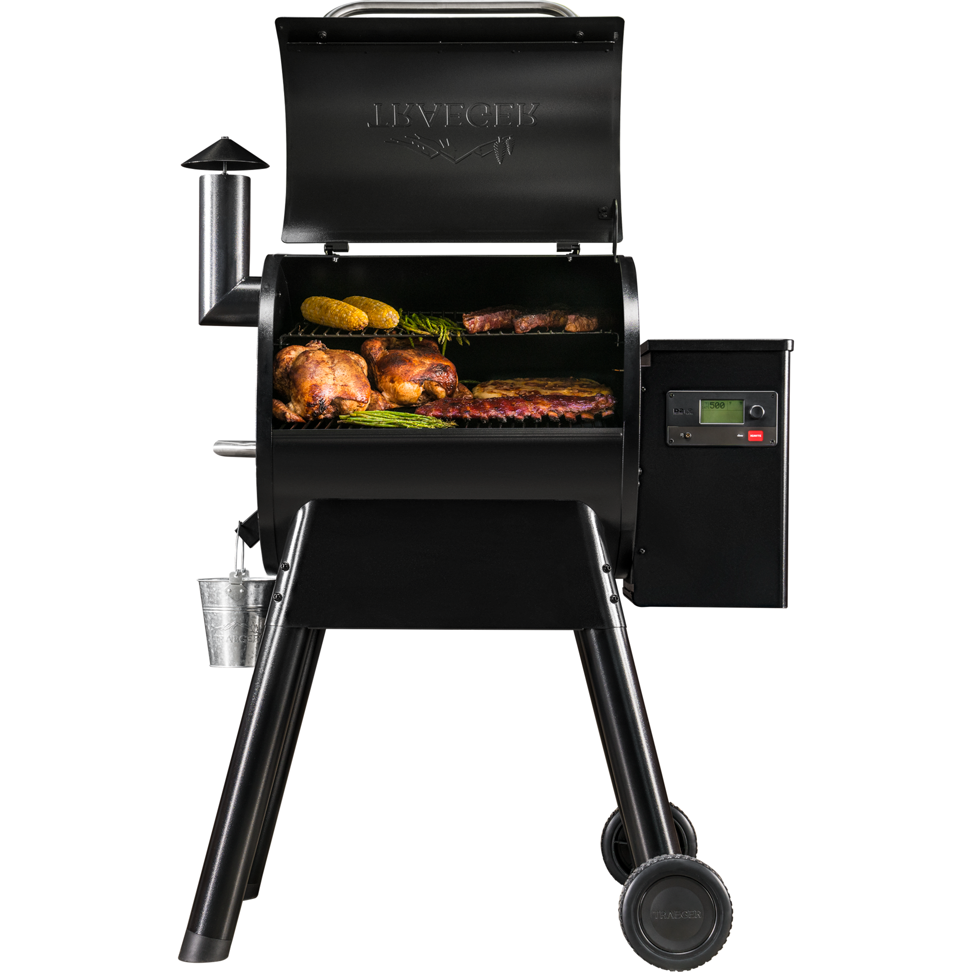Traeger Pro 575 Black Wood Pellet Grill with Steaks and Chickens and Corns