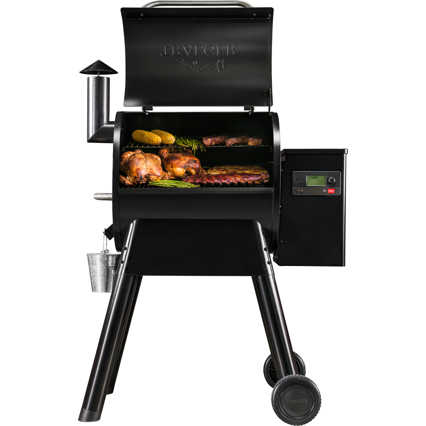 Traeger Pro 575 Black Wood Pellet Grill with Steaks and Chickens and Corns