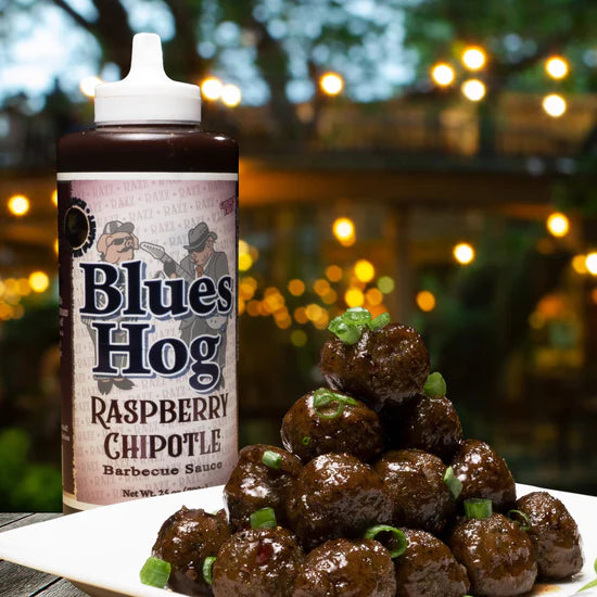 Blues Hog Raspberry Chipotle BBQ Sauce Backyard with Meatballs