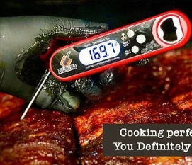 Butcher BBQ Instant Read Digital Meat Thermometer Lifestyle with Actual Temperature on the Pork