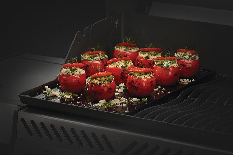 Napoleon 2-Sided Porcelain-Enameled Cast-Iron Griddle on the Grill with Tomatoes
