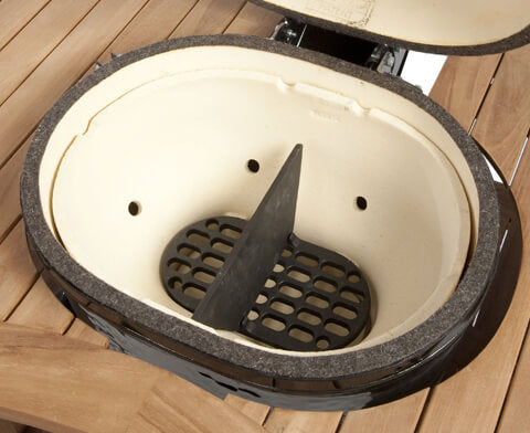 Primo Grills Cast Iron Firebox Divider for Oval JR 200 Placed on a Firebox Grill