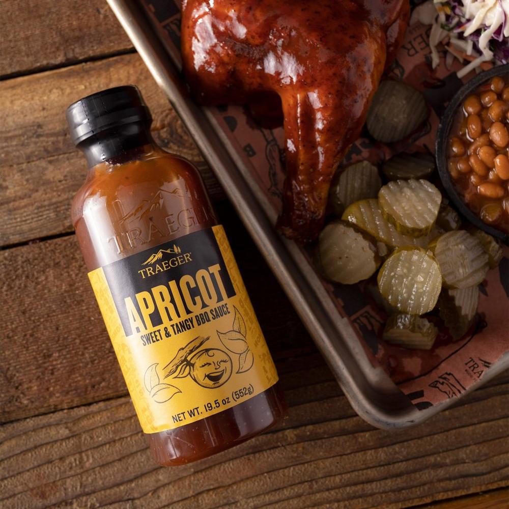 Traeger Apricot BBQ Sauce Lifestyle with Chicken and Pickles