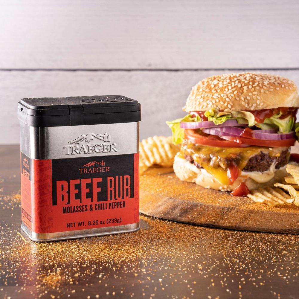 Traeger Beef Rub Lifestyle on the Table with Hamburger