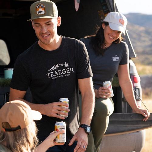 Traeger Branded T-Shirt Black-S Front Worn by a Man