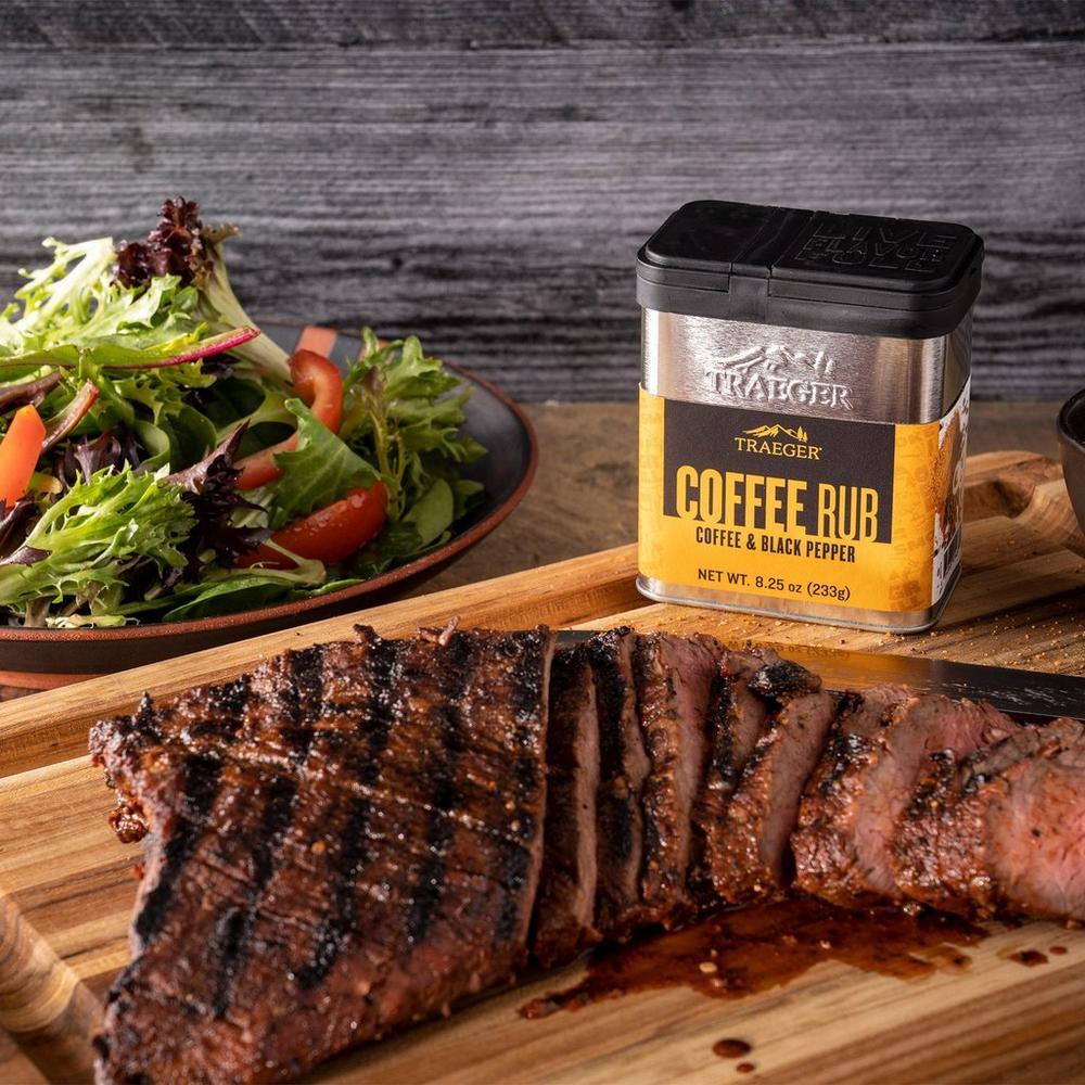 Traeger Coffee Rub Lifestyle on Chopping Board with Steak