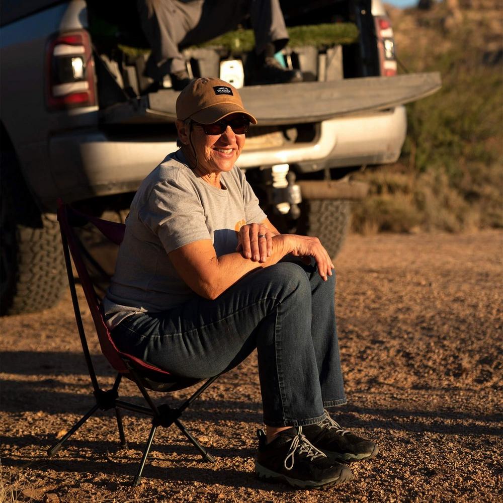 Traeger Dad Cap Beige Front Worn by a Woman