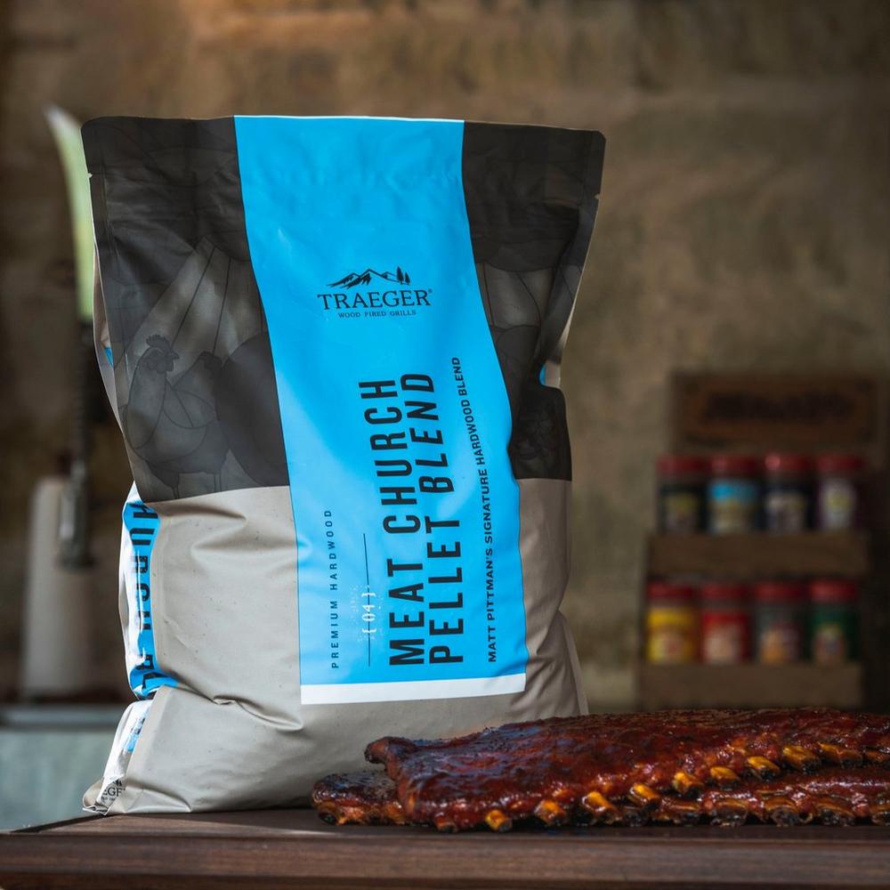 Traeger Limited Edition Meat Church Blend Wood Pellets Lifestyle with Ribs