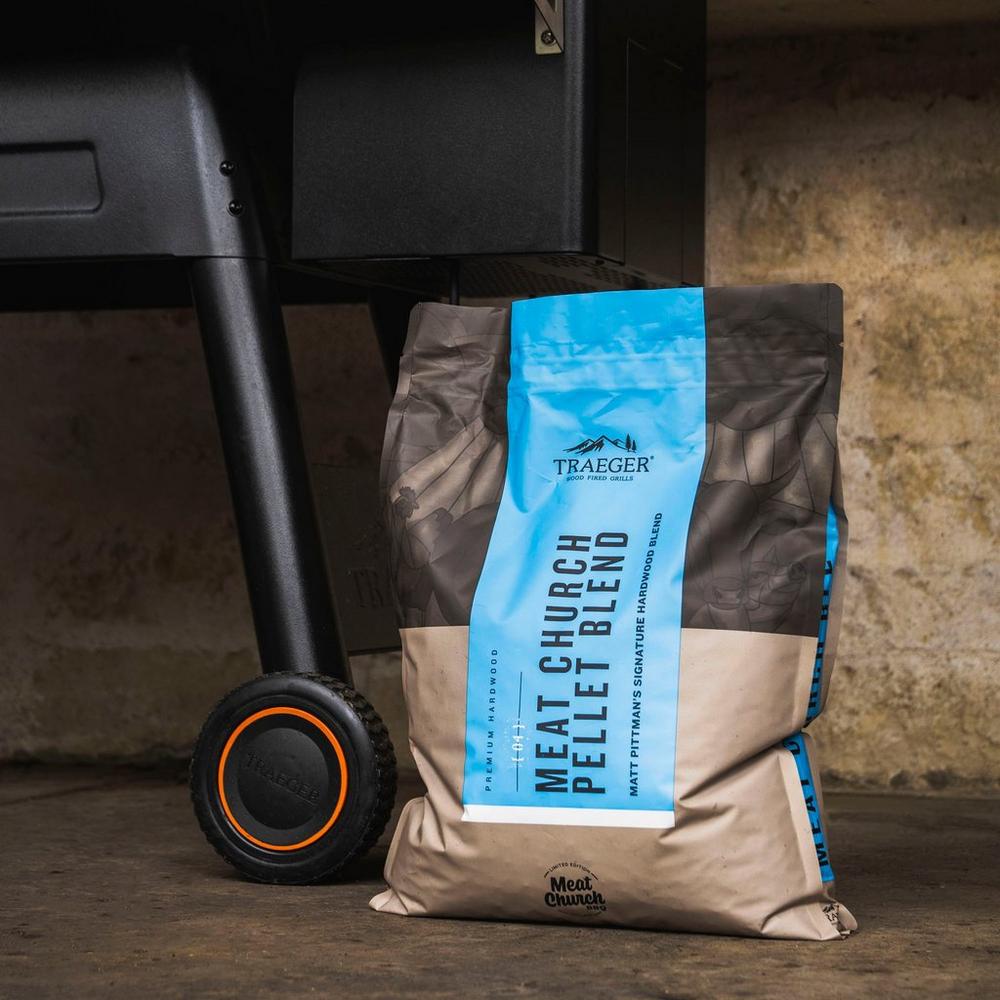 Traeger Limited Edition Meat Church Blend Wood Pellets Below the Grill