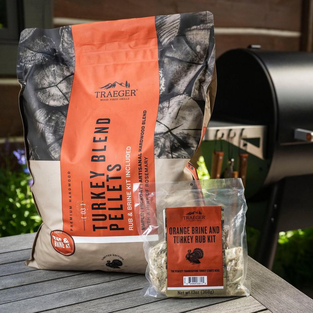 Traeger Turkey Blend Wood Pellets + Brine Kit Lifestyle on the Table