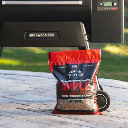 Traeger Apple BBQ Wood Pellets Below the Grill