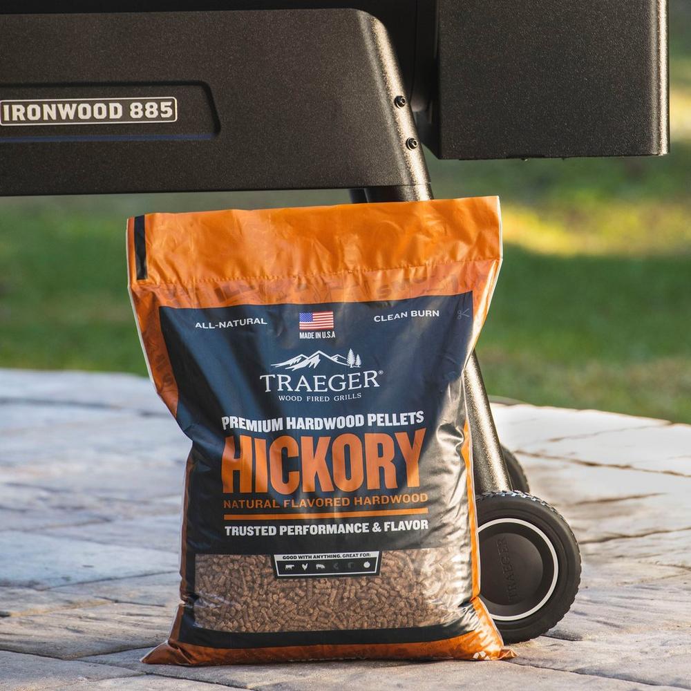Traeger Hickory BBQ Wood Pellets Below the Grill