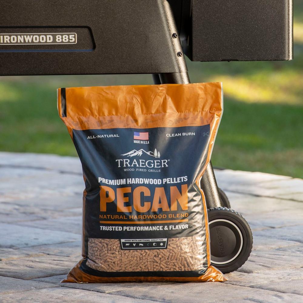 Traeger Pecan BBQ Wood Pellets Lifestyle Below the Grill