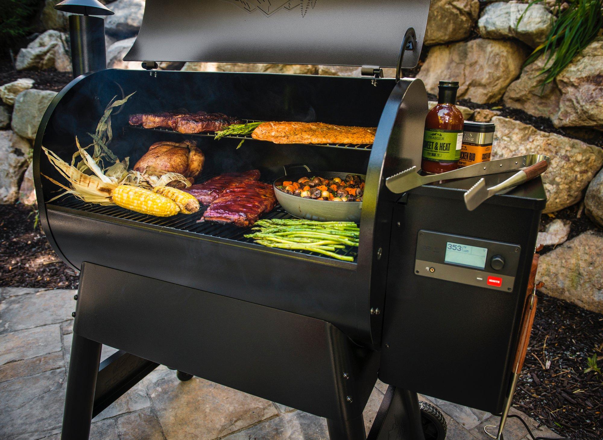 Traeger Pro 780 Black Wood Pellet Grill Lifestyle Grilling Foods and some Seasonings on the Side