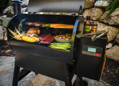 Traeger Pro 780 Black Wood Pellet Grill Lifestyle Grilling Foods and some Seasonings on the Side